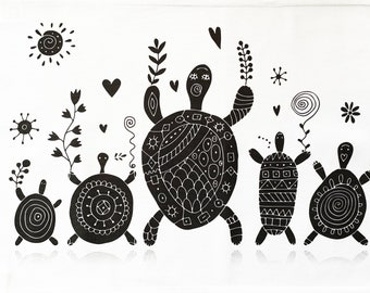 The Dancing Turtle Family Large Cotton Tea Towel