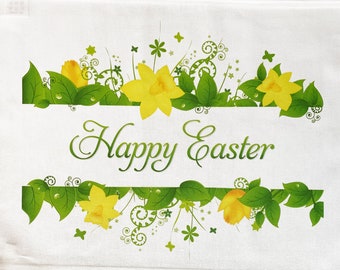 Happy Easter with Daffodils Large Cotton Tea Towel