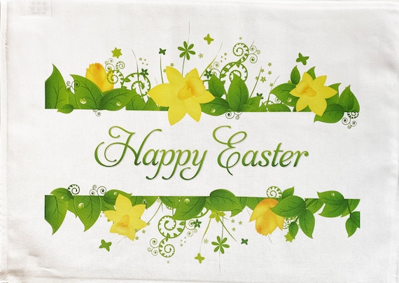 Happy Easter with Daffodils Large Cotton Tea Towel