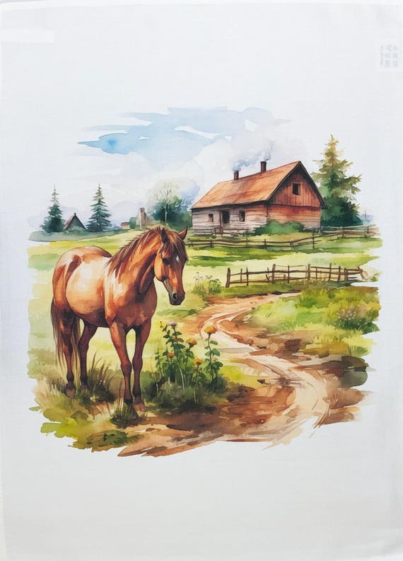 Horse on the Farm large cotton tea towel