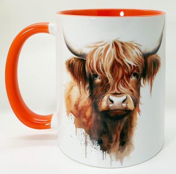 The Highland Cow Mug with Orange Glazed Handle and Inner