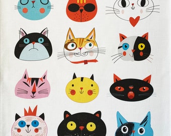 The Colourful Cat Faces- Large Cotton Tea Towel