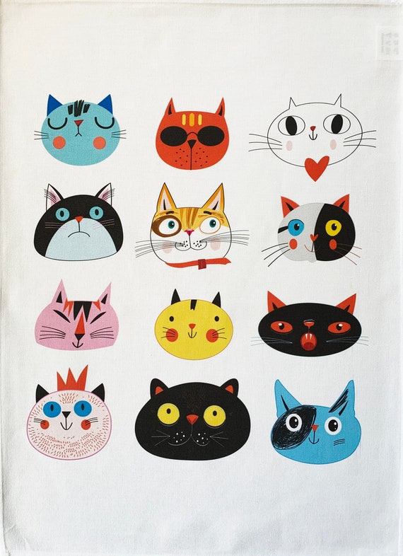The Colourful Cat Faces- Large Cotton Tea Towel
