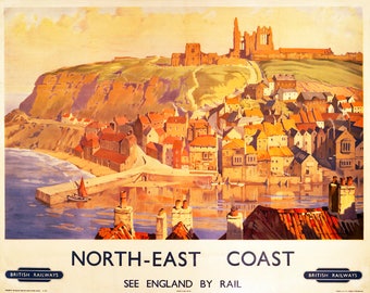 The North East Coast - Retro Style Travel Poster Large Cotton Tea Towel
