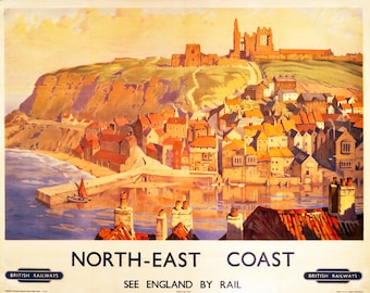 The North East Coast - Retro Style Travel Poster Large Cotton Tea Towel