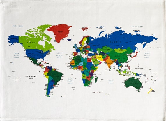 Colourful Map of the World- Large Cotton Tea Towel