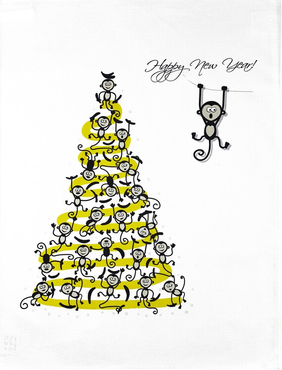 Happy New Year from The Monkeys Large Cotton Tea Towel