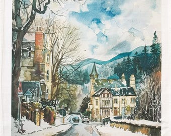 Winter in Pitlochry large cotton tea towel