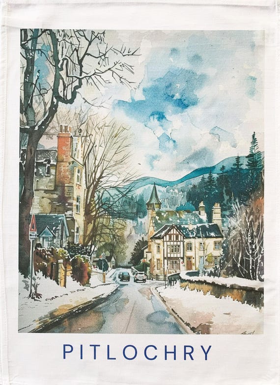 Winter in Pitlochry large cotton tea towel