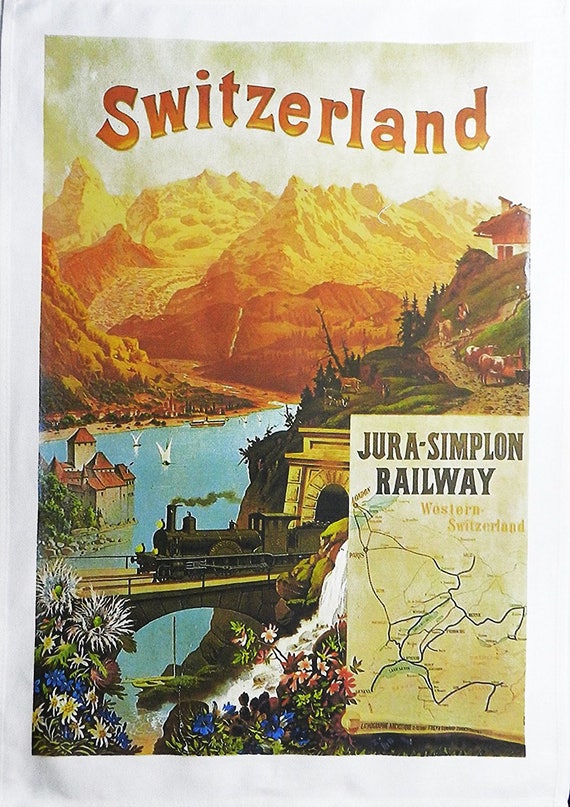 Switzerland - Retro Style Travel Poster Large Cotton Tea Towel