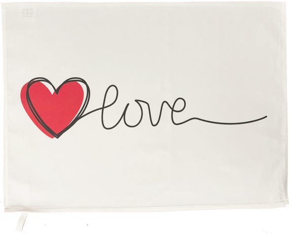 Large Cotton Tea Towel with Love Heart Design, White, 65 x 47 cm, Made in UK