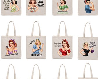 Small Lightweight Cotton Tote Bag 38 x 42cm with sassy retro housewife comments, assorted designs