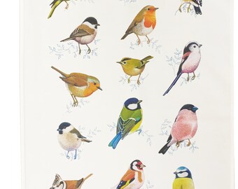 British Garden Birds Tea Towel, 100% Cotton Kitchen Decor