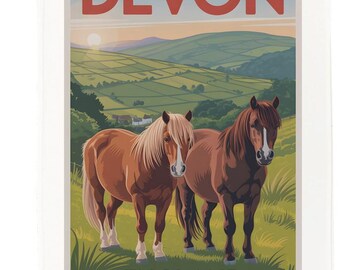 Devon Countryside Horses Tea Towel – 100% Cotton, White, 65 x 47 cm