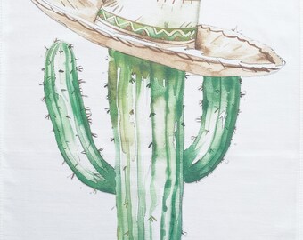 Cactus with a hat large cotton tea towel