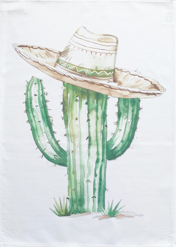 Cactus with a hat large cotton tea towel