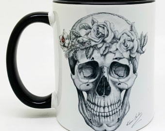 Hand Drawn Skull with Roses and Daisy Head Dress Mug with Glazed Black Handle and Inner