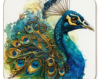 Peacock Coasters Set of 6, Watercolour Design with Cork Backing, 9.5 x 9.5cm