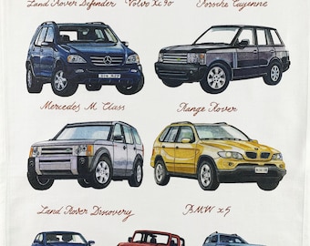 Hand drawn Classic 4 x 4 Cars Large Cotton Tea Towel