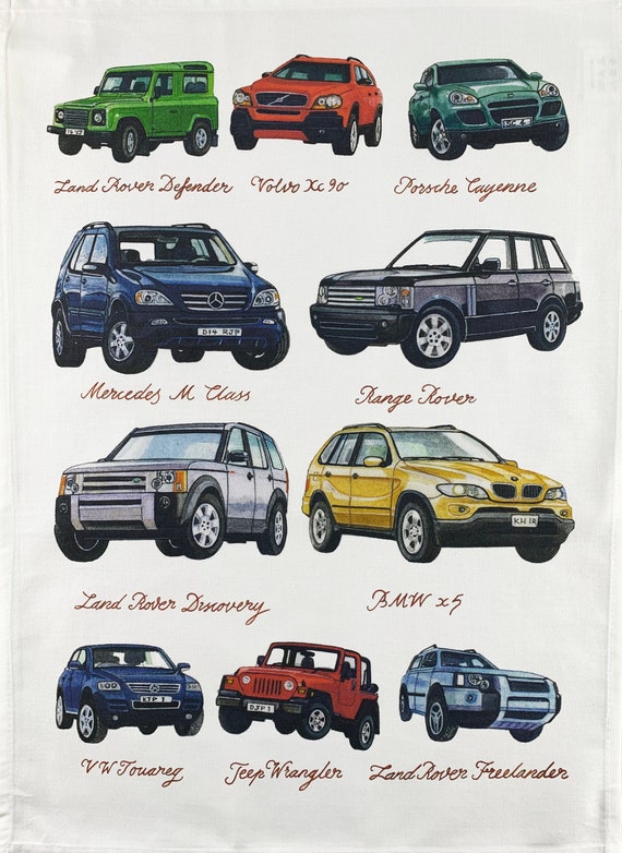 Hand drawn Classic 4 x 4 Cars Large Cotton Tea Towel