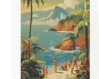 Brazil Beach Scene Cotton Tea Towel – Retro Rio de Janeiro Design