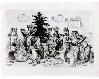 The Cat Family at Christmas - Retro Style Large Cotton Tea Towel