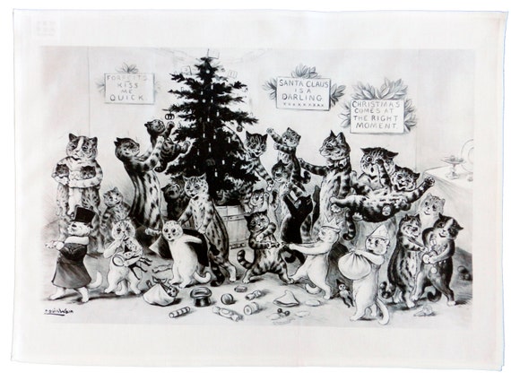 The Cat Family at Christmas - Retro Style Large Cotton Tea Towel