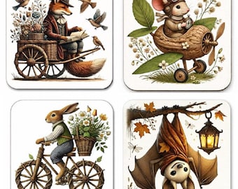 Woodland Creatures Drink Coasters, Cork Backed, Square, Set of 4,