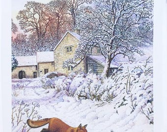 Fox in the snowy country lane large cotton tea towel