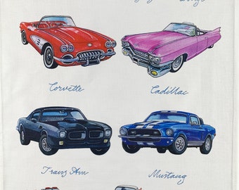 Hand Drawn Great American Cars Collection Large Cotton Tea Towel