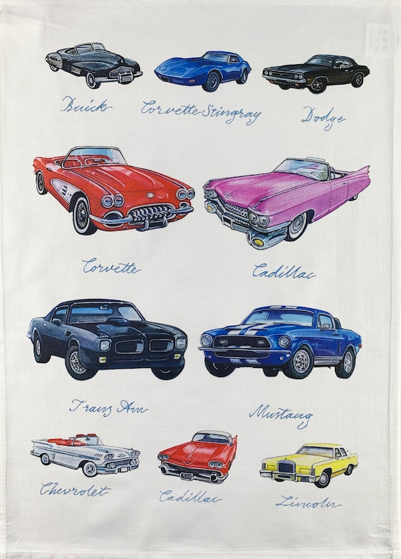 Hand Drawn Great American Cars Collection Large Cotton Tea Towel