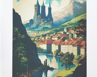 Scenic Prague large cotton tea towel