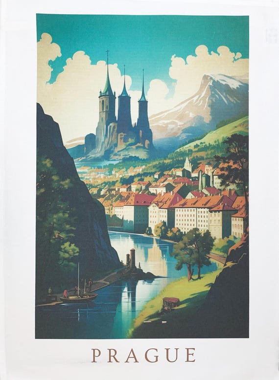 Scenic Prague large cotton tea towel