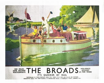 The Broads vintage travel poster design large cotton tea towel