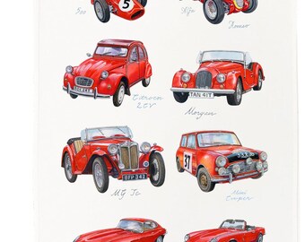 Classic Red Cars Tea Towel, 100% Cotton, 67 x 45cm with hanging loop