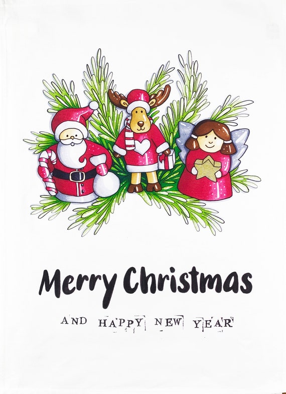 Merry Christmas from Santa, Reindeer and the Angel Large Cotton Tea Towel