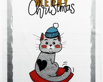 Merry Christmas from the Cat - Large Christmas Tea Towel