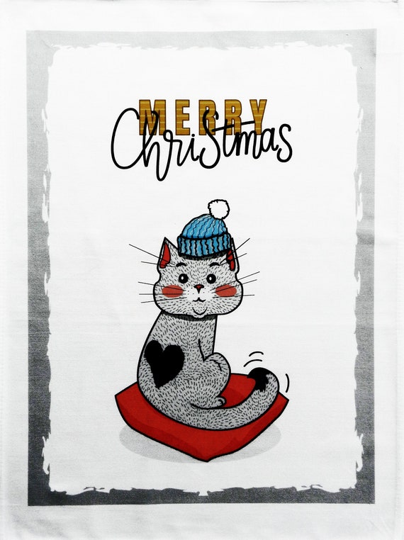 Merry Christmas from the Cat - Large Christmas Tea Towel