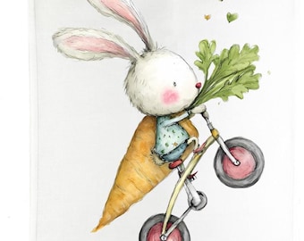 Easter Bunny with Carrot Cotton Tea Towel, White, 65 x 47 cm