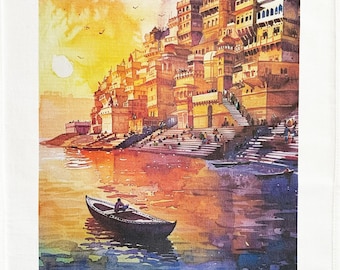 Scene from the Ganges large cotton tea towel