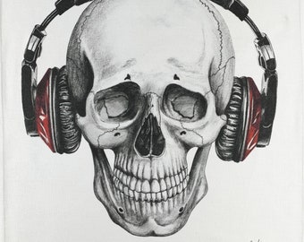 Hand Drawn Skull wearing Headphones Large Cotton Tea Towel