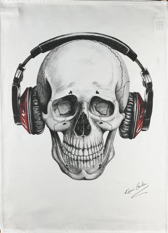 Hand Drawn Skull wearing Headphones Large Cotton Tea Towel