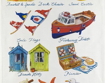 Hand Drawn Beside the Sea Large Cotton Tea Towel
