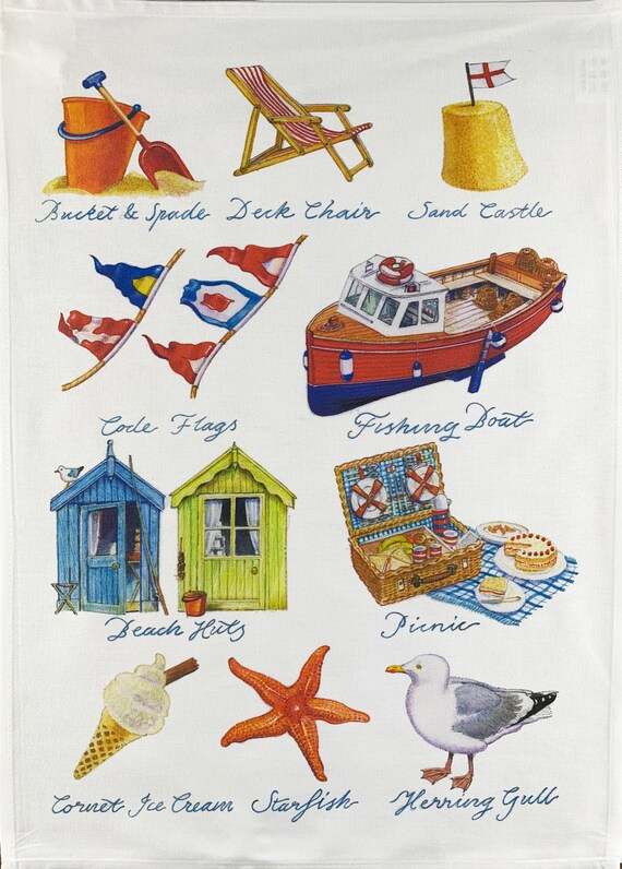 Hand Drawn Beside the Sea Large Cotton Tea Towel