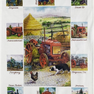 May include: A white tea towel featuring illustrations of vintage tractors, including Ferguson, Fordson, and International models. The central image shows a red tractor with a farmer and a dog. Measurements are in cm. Other images show tractors in various settings, with text labels.
