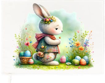 Bunny collecting eggs Cotton Tea Towel, White, 65 x 47 cm