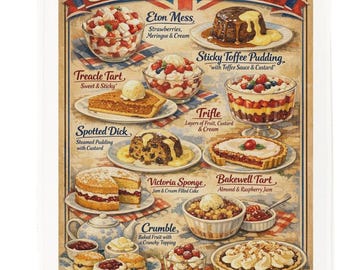 British Desserts Cotton Tea Towel – Traditional UK Puddings Design