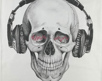 Hand Drawn Skull Soundwaves Large Cotton Tea Towel