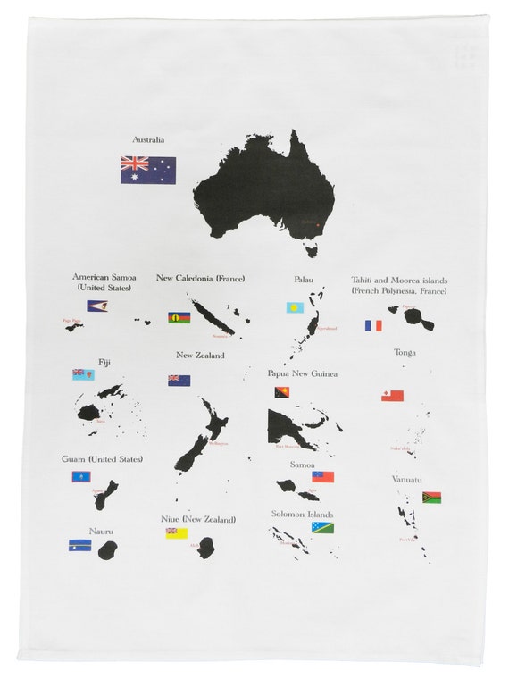 Countries of Oceania and Australia with borders, flags and capitals - Large Cotton Tea Towel
