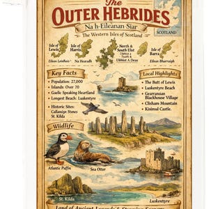 May include: A vintage-style poster featuring a map of the Outer Hebrides in Scotland. The poster includes illustrations of local wildlife, historic sites, and key facts. The color palette is warm, with shades of brown and beige.
